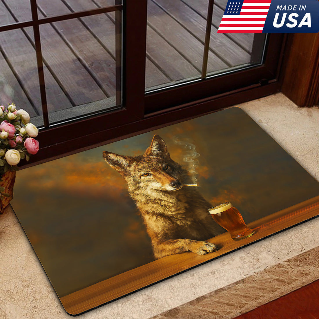 Wolf Smoking & Bar Glassware Doormat – Funny Animal Floor Mat for Hunters, Bars & Man Cave Decor