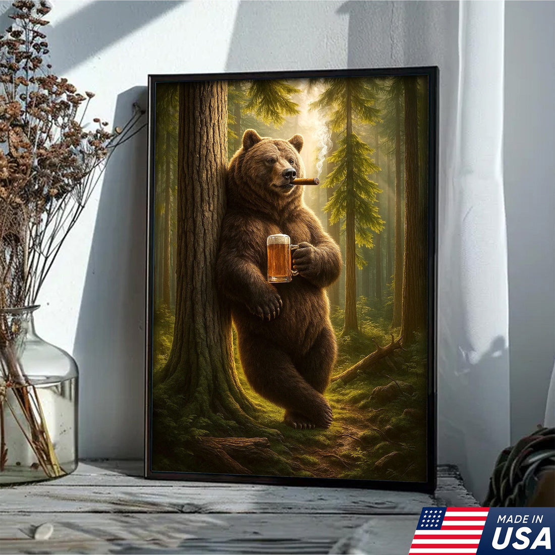Rustic Bear in Forest Canvas Wall Art, Woodland Animal Decor, Nature Landscape Home Decoration