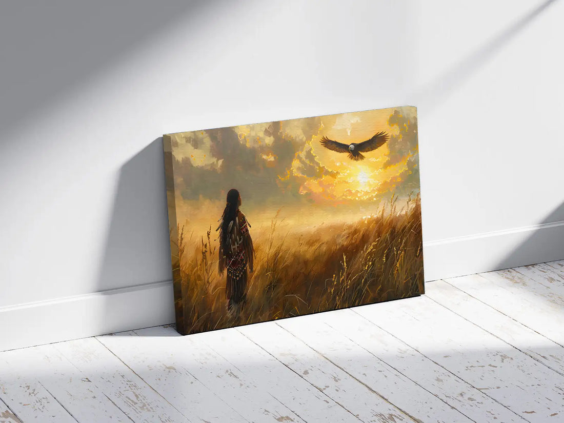 Native American Sunset Wall Art, Tribal Warrior and Eagle Canvas Poster