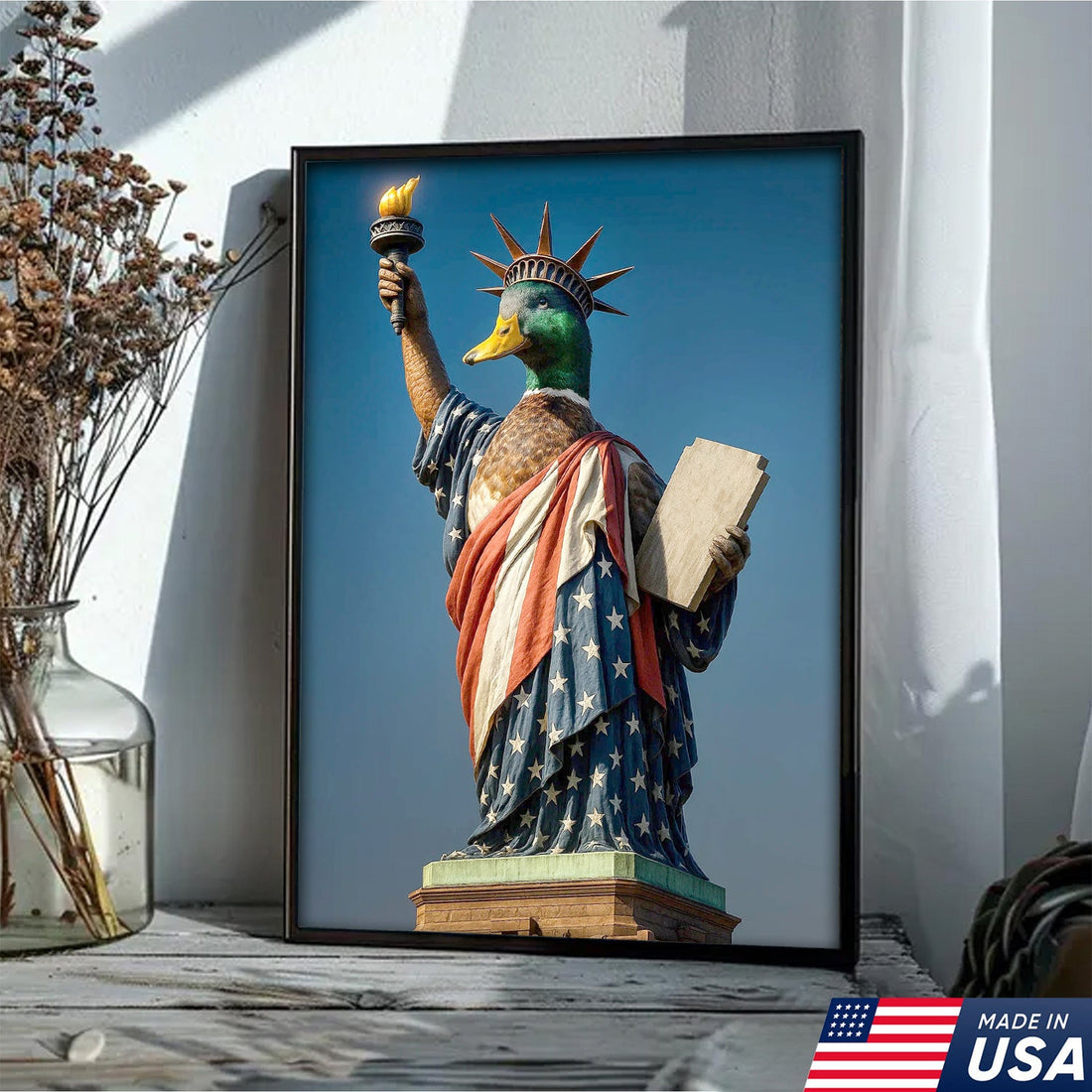 Duck of Liberty Canvas Wall Art, Funny Patriotic Duck Statue Artwork, American Flag Decor for Home or Cabin