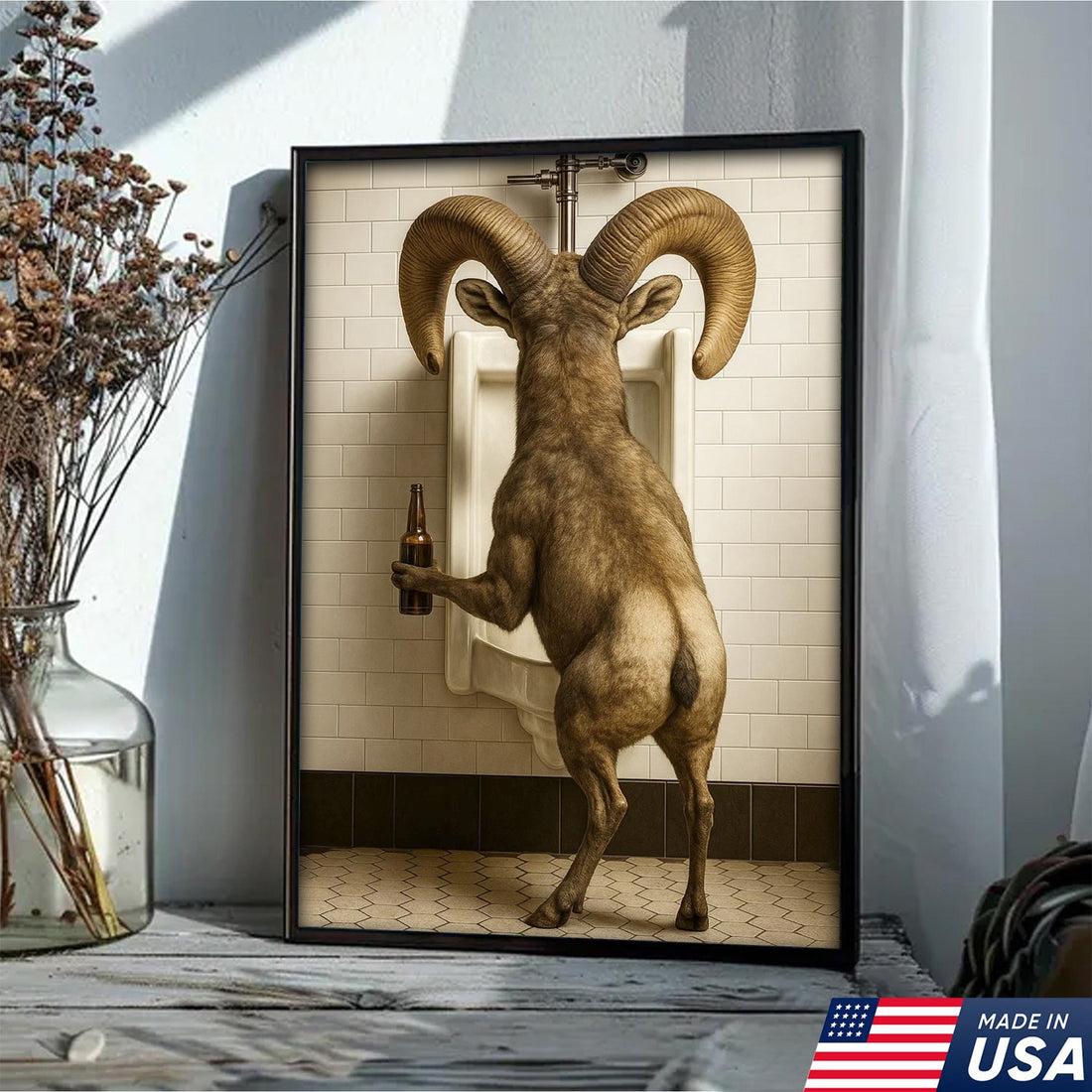 Humorous Big Horn Sheep Canvas Wall Art - Rustic Lodge Bathroom Decor for Cabin and Farmhouse - Wildlife Lover Gift