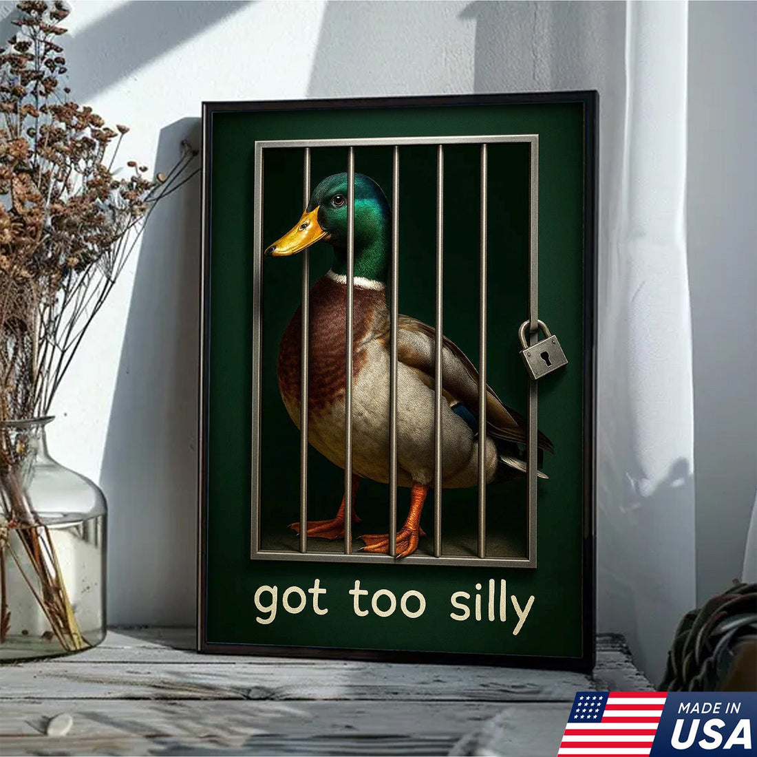 Silly Duck Canvas Wall Art – Funny Mallard Jail Print – Unique Rustic Cabin or Bathroom Decor