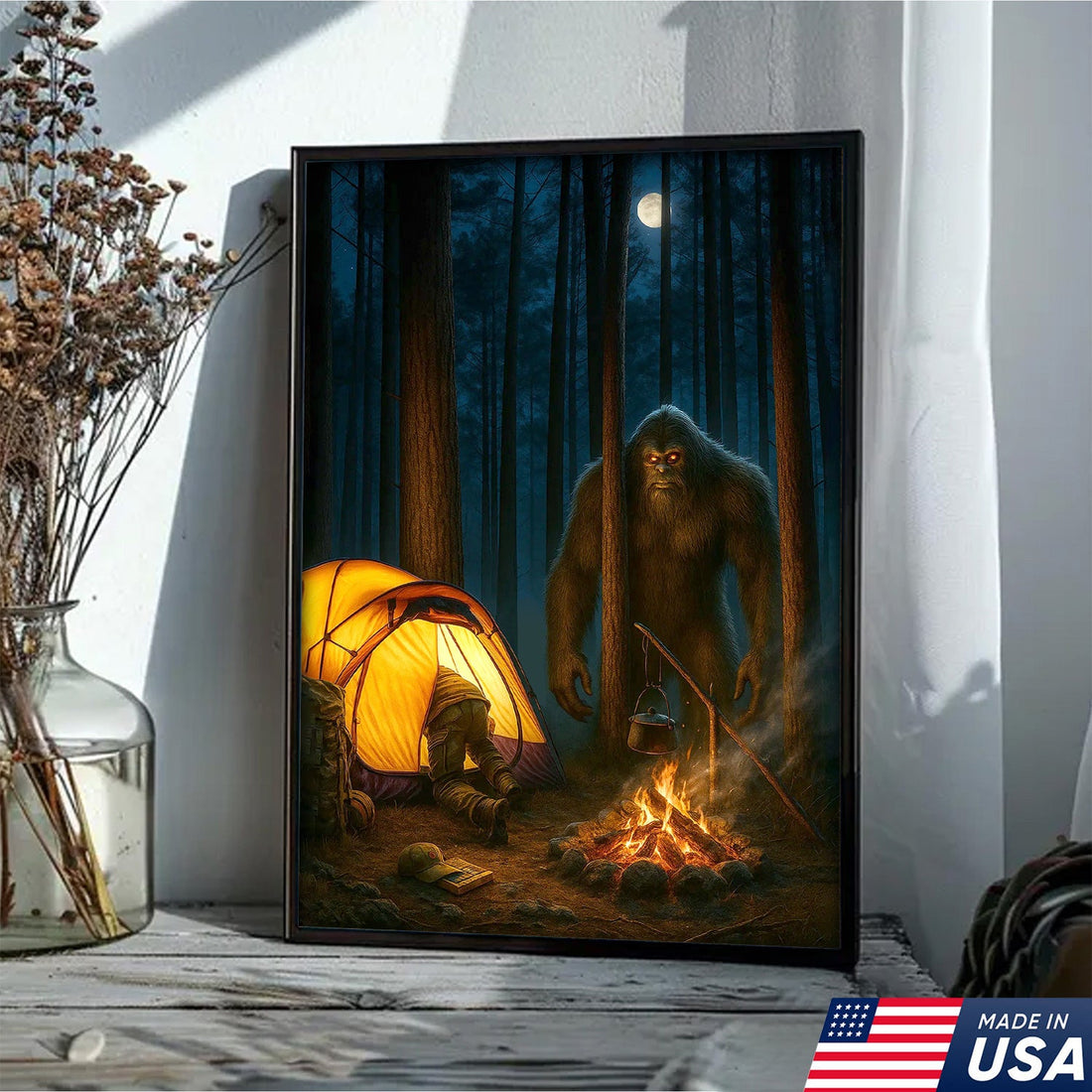 Bigfoot Camping Canvas Wall Art, Scary Sasquatch at Campfire Artwork, Funny Night Forest Scene for Cabin and Outdoor Lovers