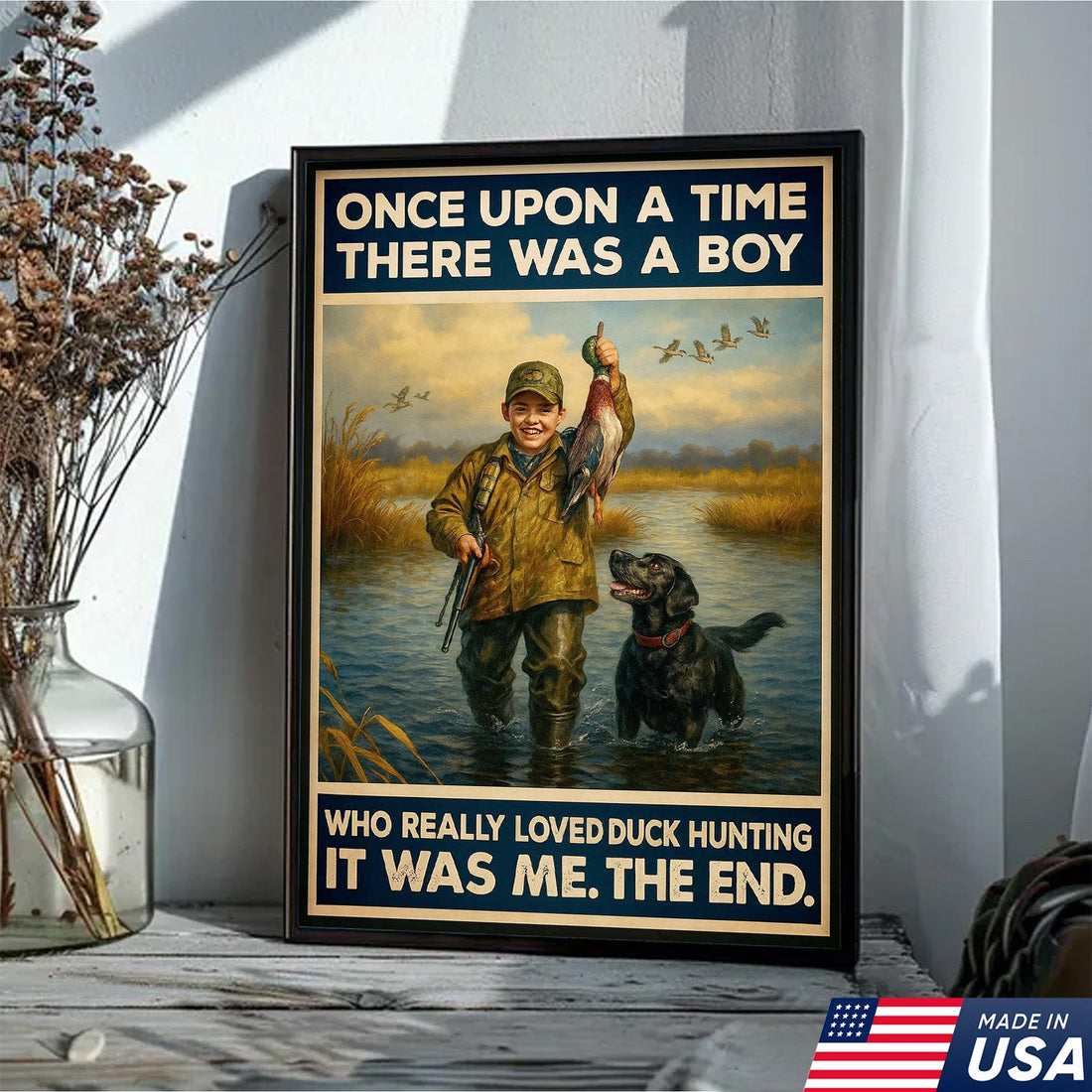 Vintage Duck Hunting Canvas Wall Art – Boy and Dog Rustic Print – Cabin Lodge Outdoor Decor