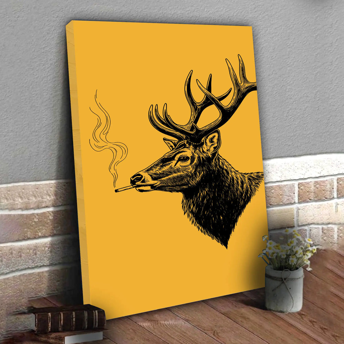 Smoking Deer Wall Art, Vintage Stag Canvas, Western Rustic Poster