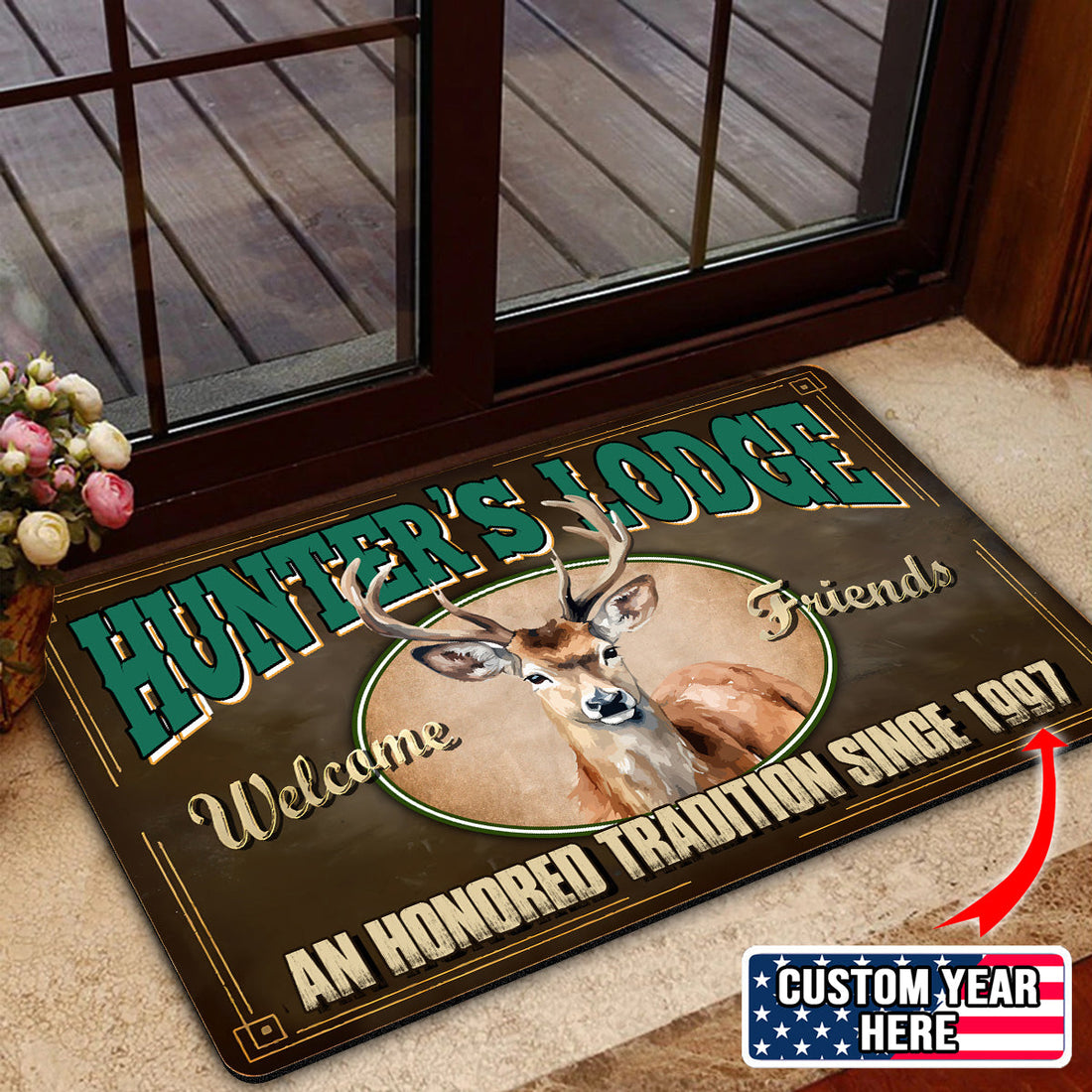 Personalized Hunter’s Lodge Deer Doormat – Custom Year, Rustic Cabin Welcome Mat for Hunters & Outdoor Decor