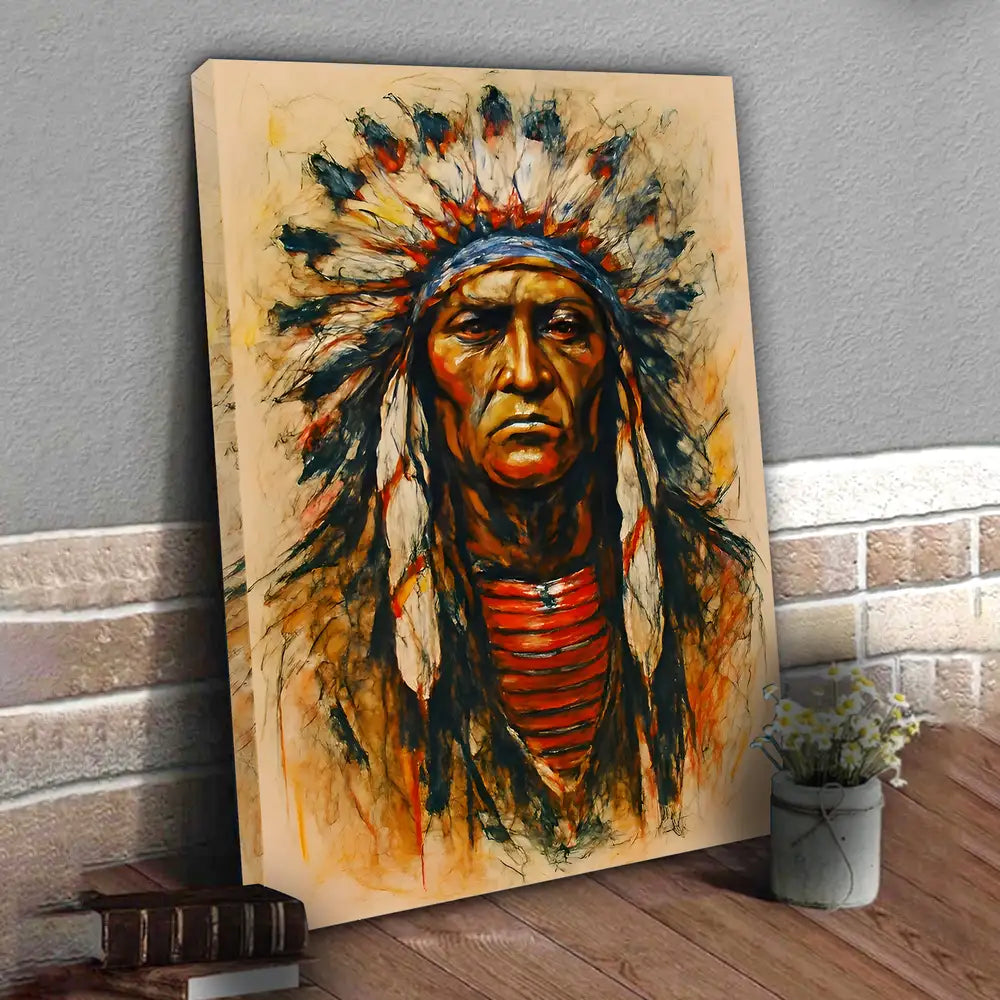 Chief Canvas Wall Art, Tribal Headdress Native American  Painting for Home Decor
