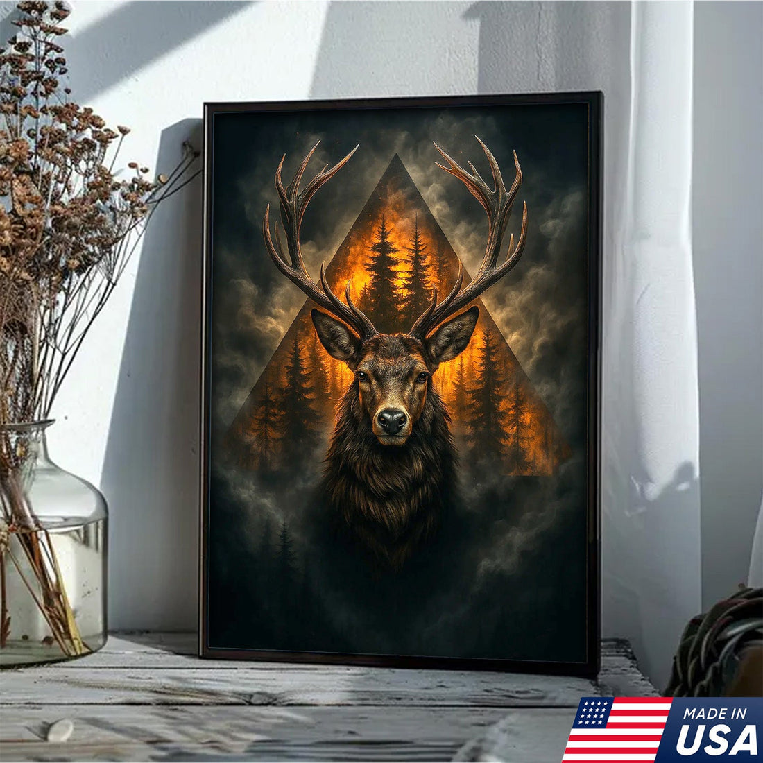 Majestic Deer Canvas Wall Art, Rustic Woodland Animal Decor, Mountain Forest Sunset Home Decoration