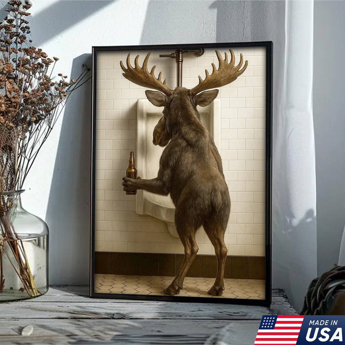 Moose Bathroom Canvas Wall Art - Funny Rustic Lodge Decor for Cabin and Hunting Enthusiasts - Wildlife Humor Print