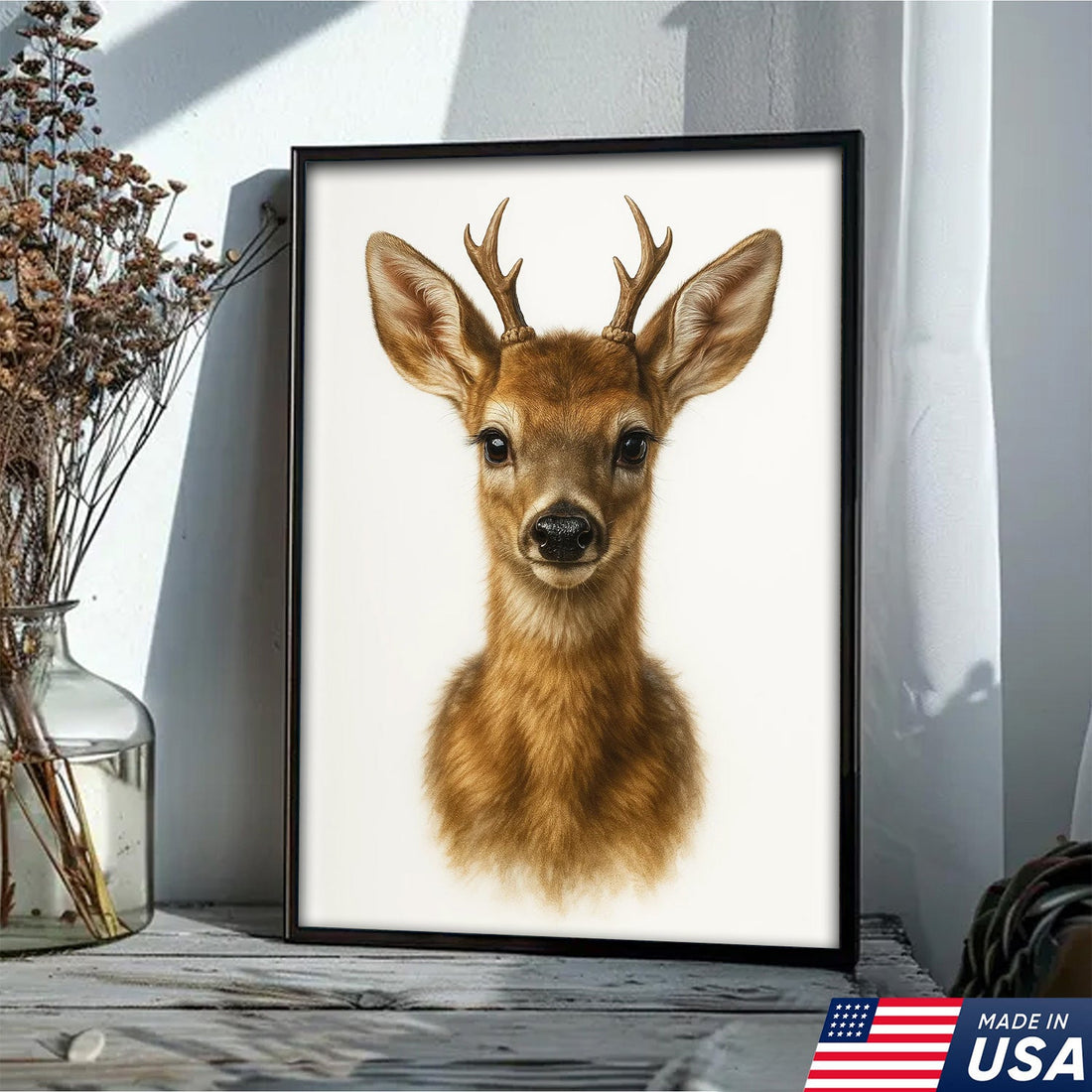 Minimalist Deer Canvas Wall Art, Realistic Baby Buck Portrait, Modern Wildlife Animal Print for Rustic Cabin or Farmhouse Decor