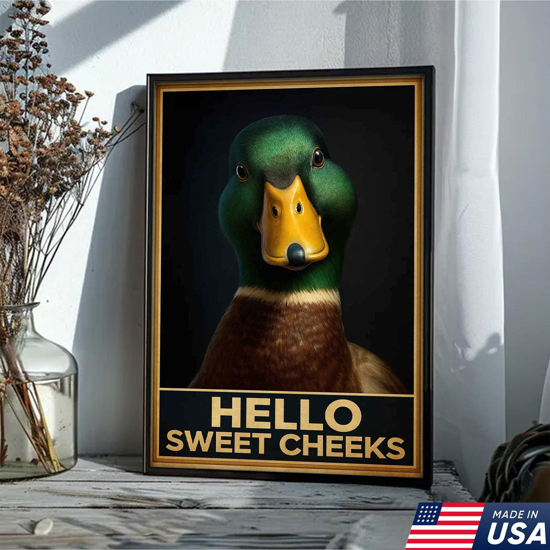 Funny Duck Hello Sweet Cheeks Canvas Wall Art, Humorous Mallard Portrait Print, Rustic Farmhouse Decor for Bathroom or Cabin