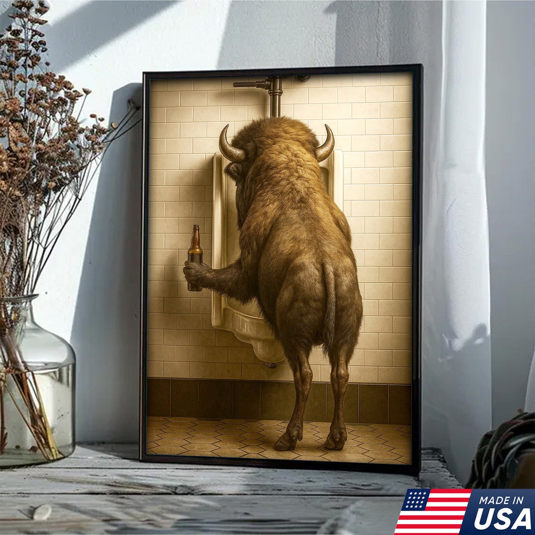 Funny Bison Canvas Wall Art - Rustic Bathroom Lodge Decor for Hunters - Unique Wildlife Cabin Print