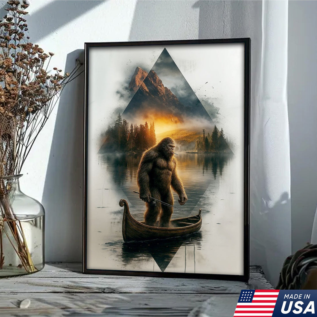 Bigfoot Fishing On Wooden Boat Adventure Canvas Wall Art – Mysterious Forest Lake Decor – Rustic Cabin & Lodge Artwork