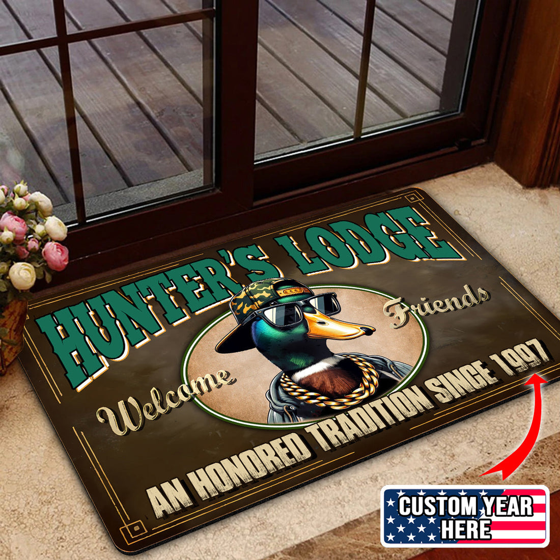 Personalized Hunter’s Lodge Duck Doormat – Funny Hunting Welcome Mat with Custom Year, Rustic Cabin & Lodge Decor
