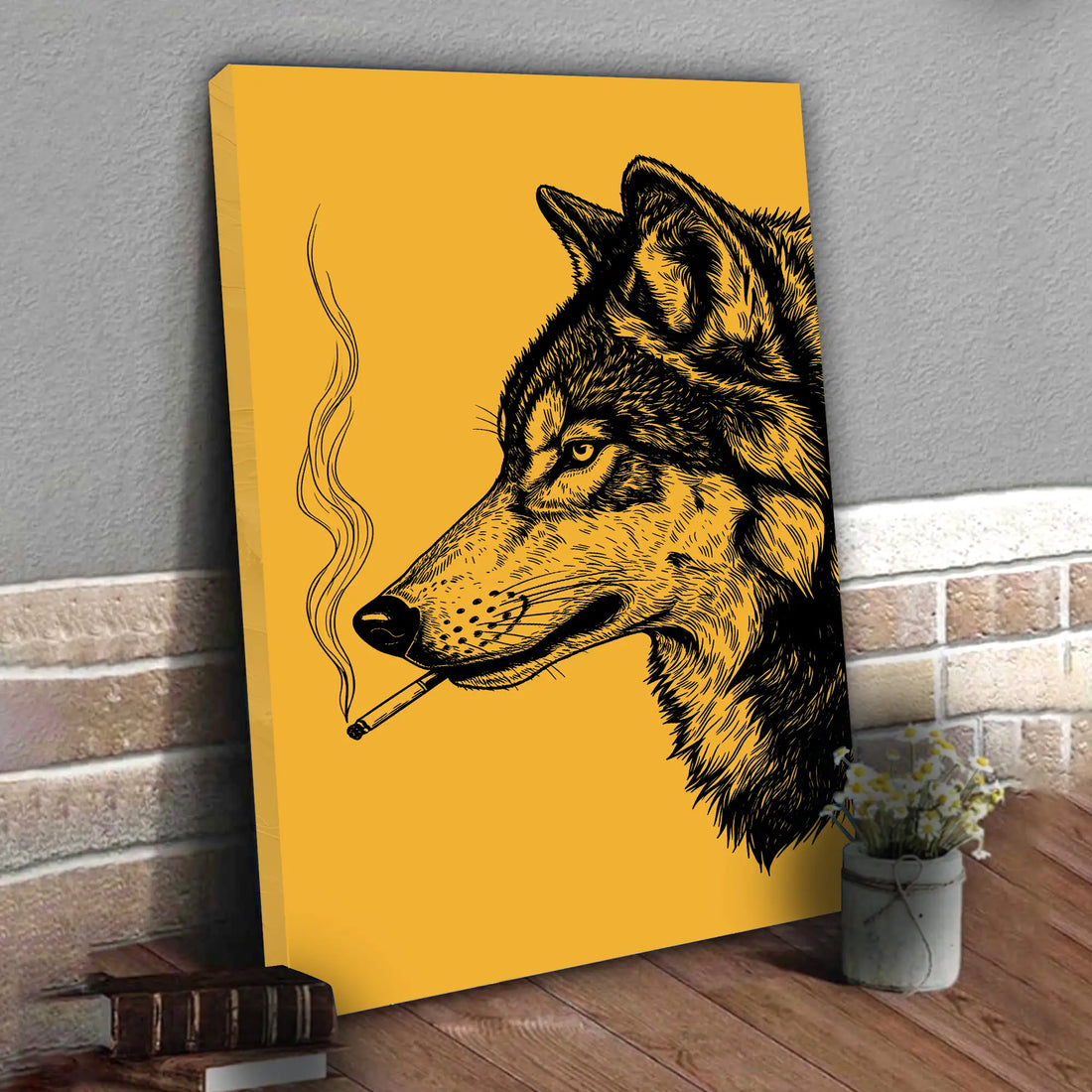 Vintage Wolf Wall Art, Smoking Wolf Canvas, Rustic Bar Decor