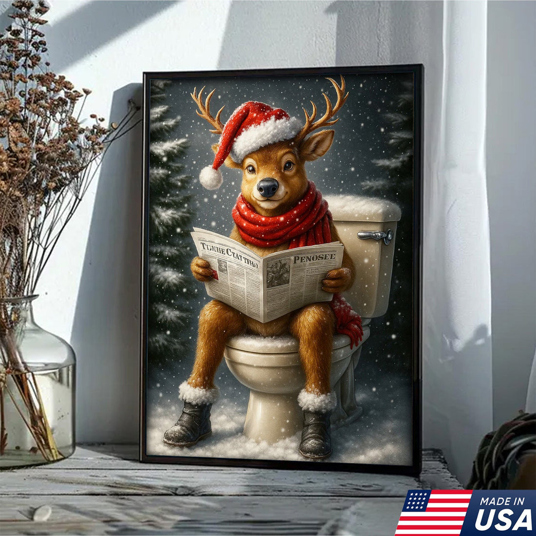Funny Deer Christmas Canvas Wall Art – Holiday Bathroom Decor – Rustic Hunting Lodge Gift