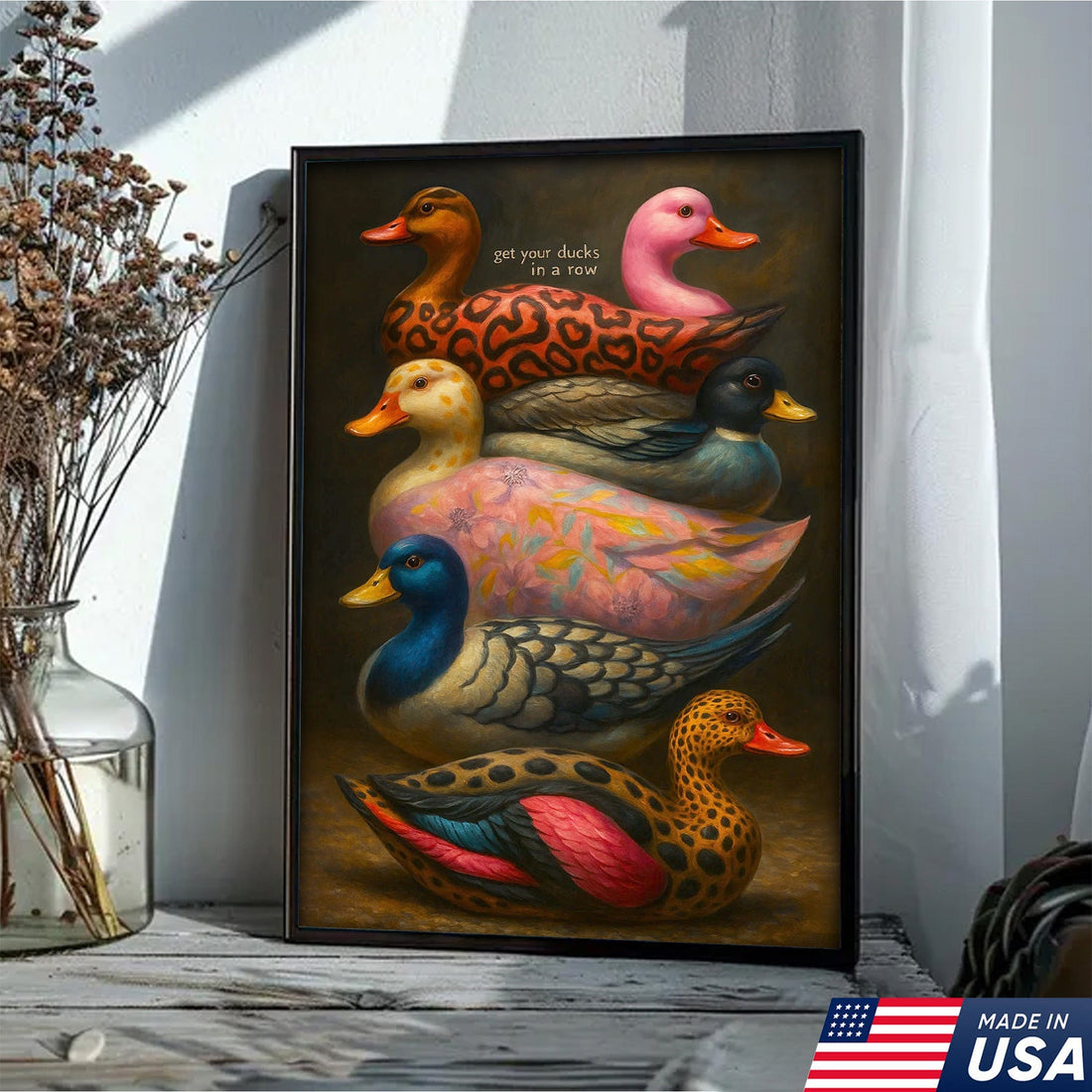 Colorful Duck Wall Art Canvas – Funny Get Your Ducks in a Row Farmhouse Decor – Rustic Wildlife Home Decoration
