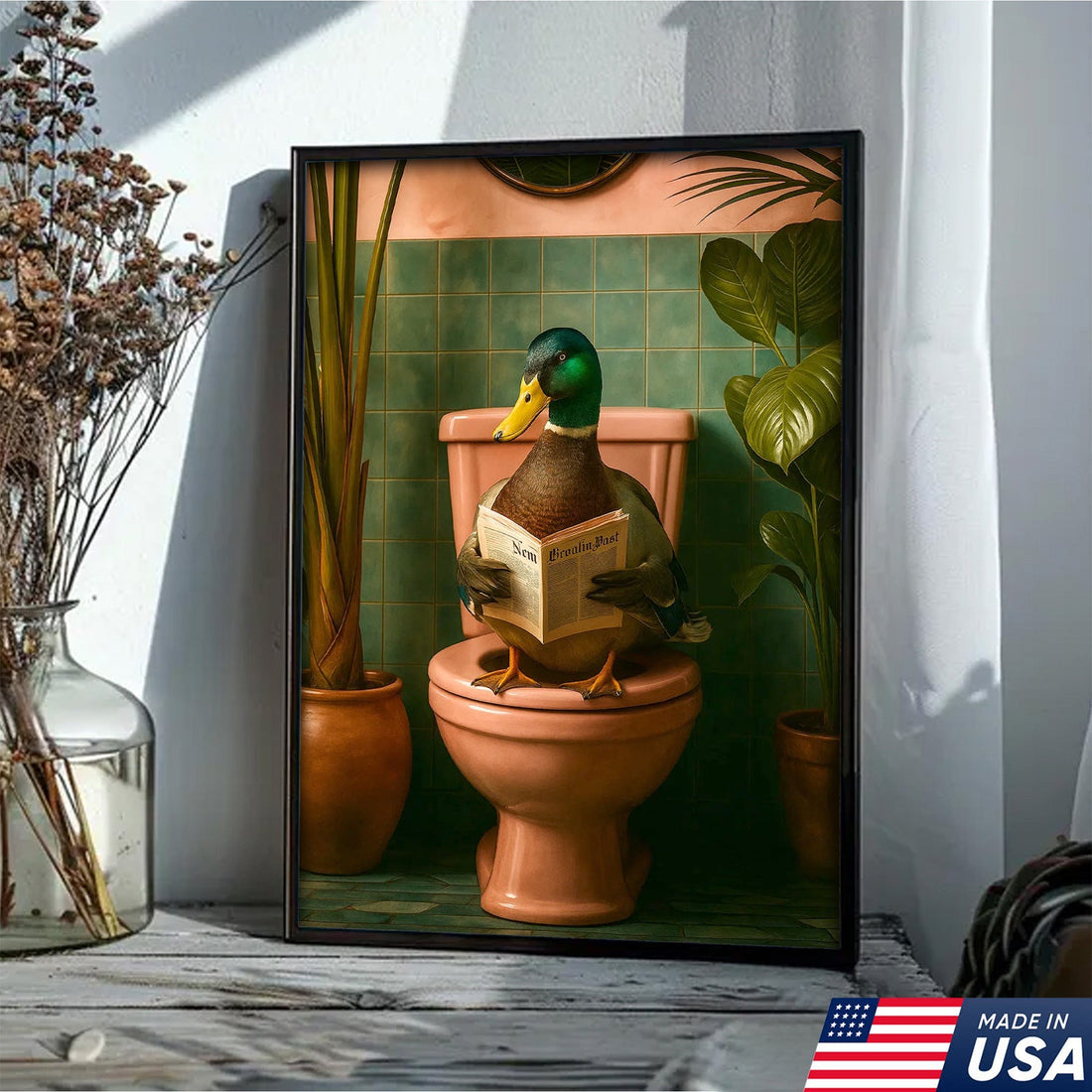Whimsical Duck Bathroom Canvas Wall Art – Funny Rustic Lodge Decor – Mallard Reading Humor Print