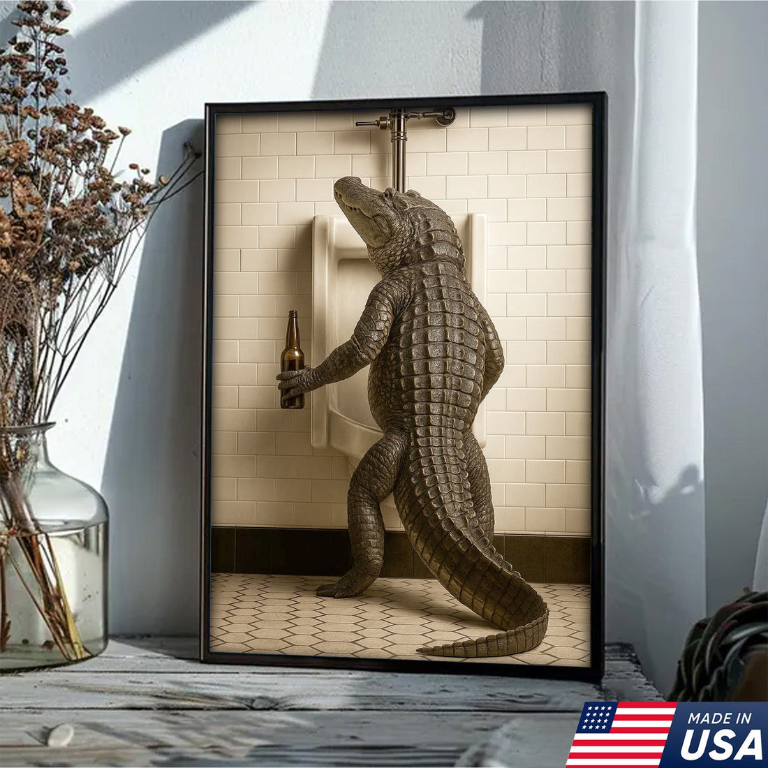 Alligator Bathroom Canvas Wall Art - Funny Rustic Lodge Decor for Cabin, Bar, and Wildlife Lovers - Unique Gator Print