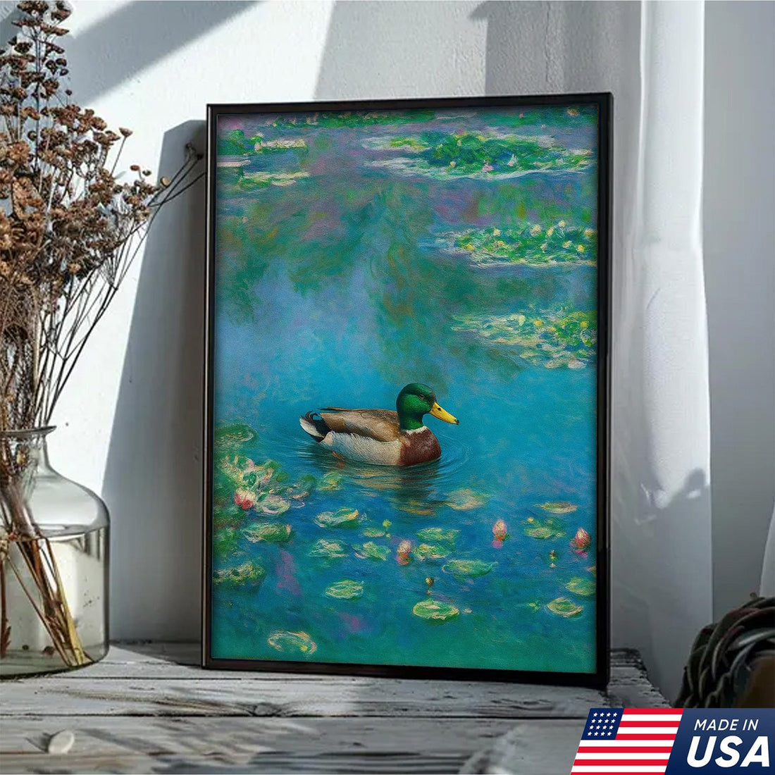 Serene Duck Pond Canvas Wall Art – Tranquil Mallard Painting – Rustic Cabin and Lodge Decor