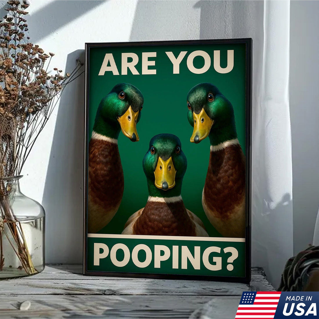 Funny Duck Bathroom Canvas Wall Art – Mallard Humor Decor – Rustic Lodge or Cabin Gift