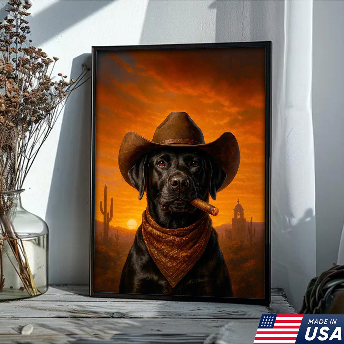 Cowboy Dog Canvas Wall Art – Rustic Western Decor – Black Labrador with Hat and Bandana Print