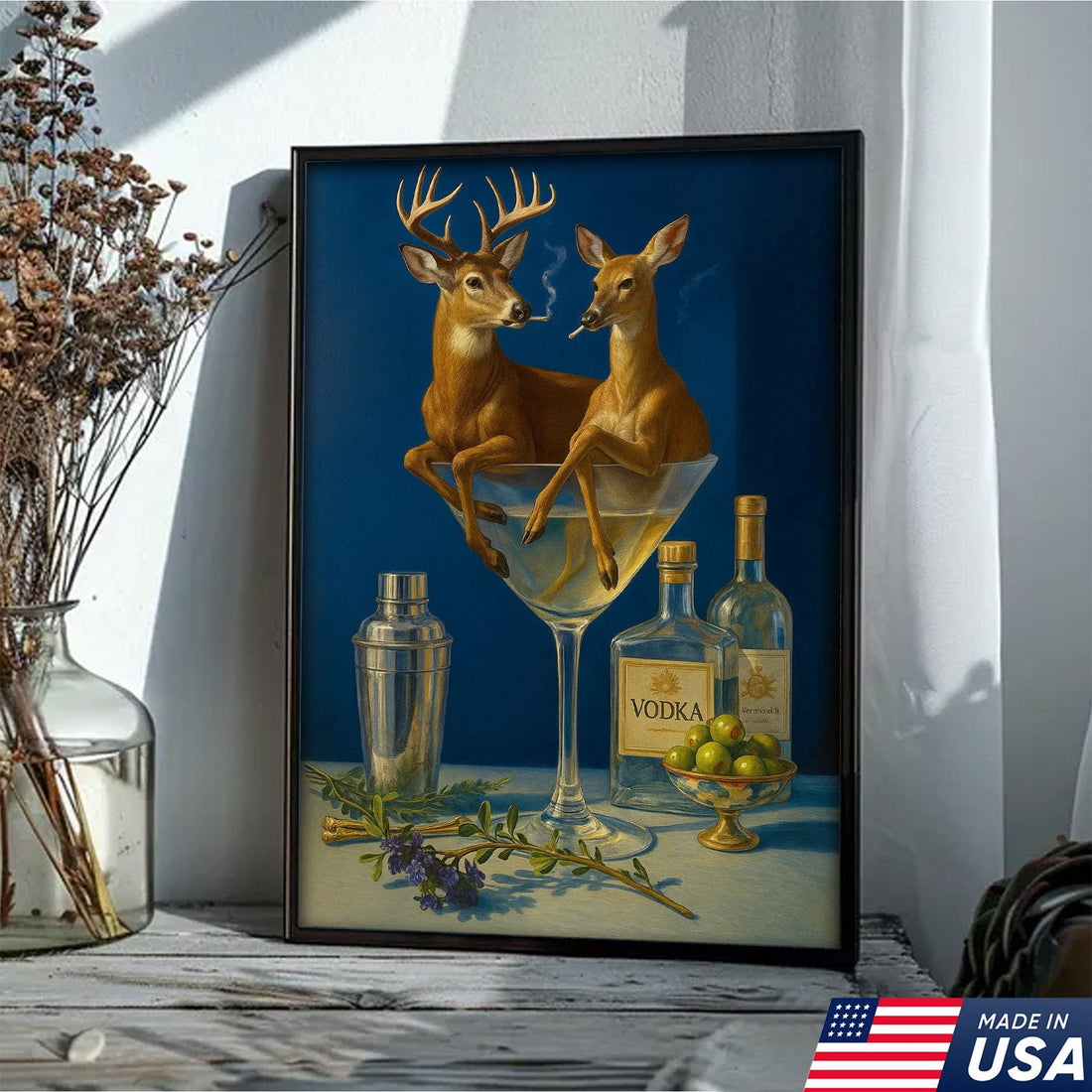 Funny Deer Couple Wall Art Canvas – Whimsical Buck and Doe in Martini Glass – Rustic Lodge Hunting Decor for Home Bar