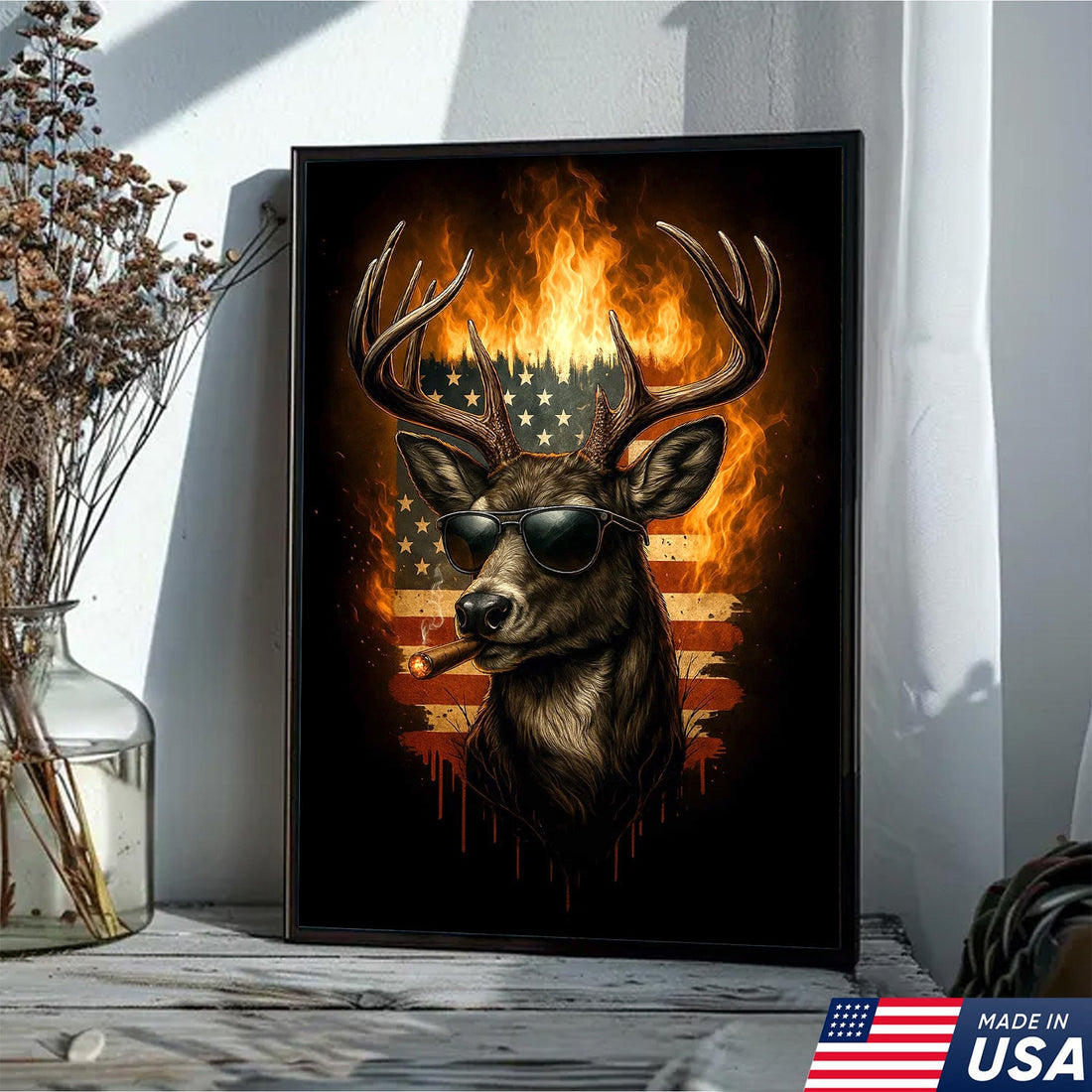Patriotic Deer Canvas Wall Art – Cool Buck with Sunglasses & Cigar, American Flag Fire Background – Rustic Hunting Lodge Decor