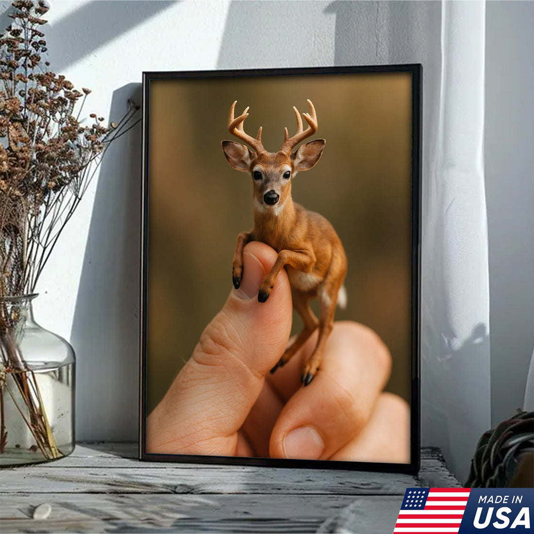 Tiny Deer Canvas Wall Art – Unique Whimsical Wildlife Print – Rustic Cabin and Lodge Decor