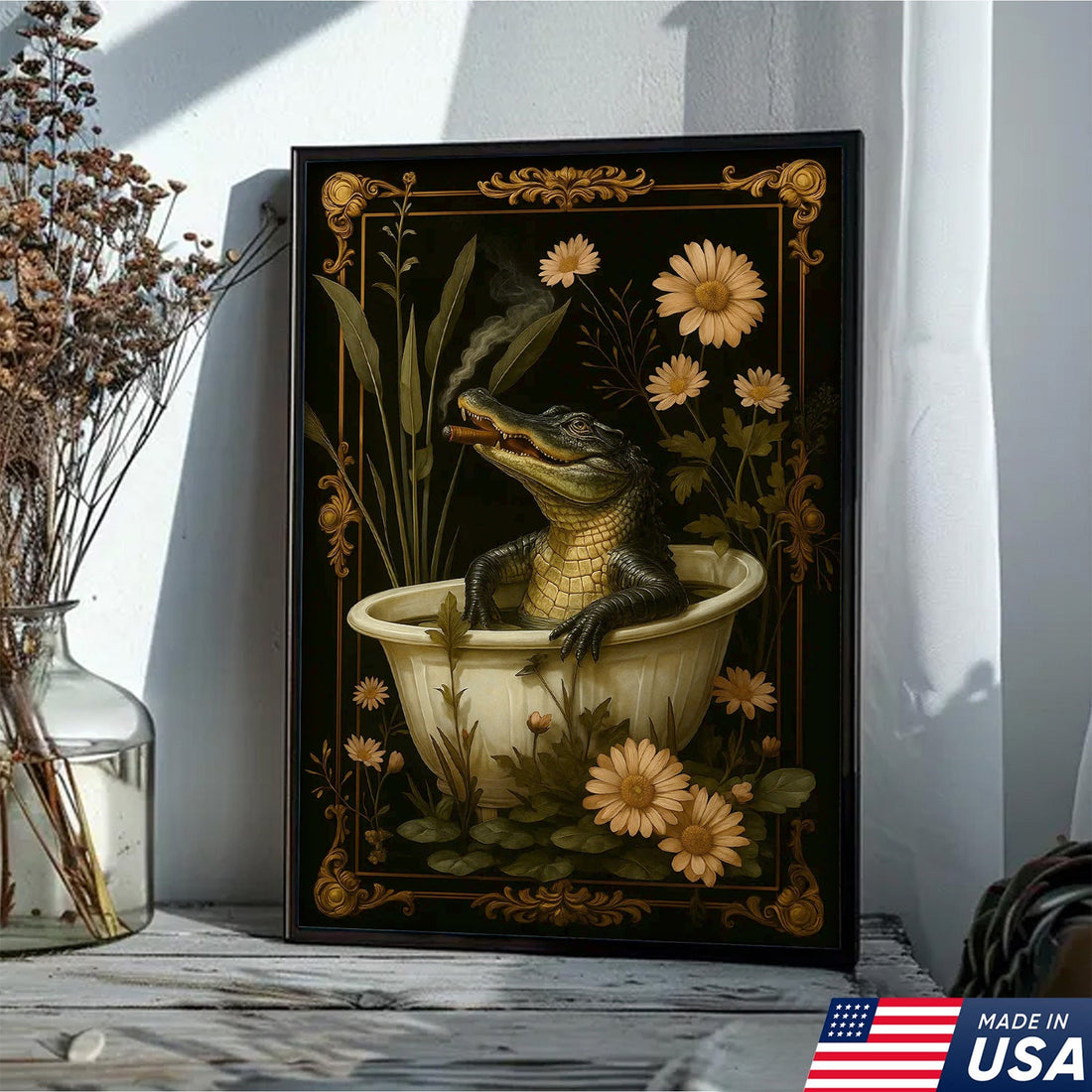 Whimsical Alligator Canvas Wall Art – Funny Gator in Bathtub with Flowers – Rustic Southern Lodge & Bathroom Decor