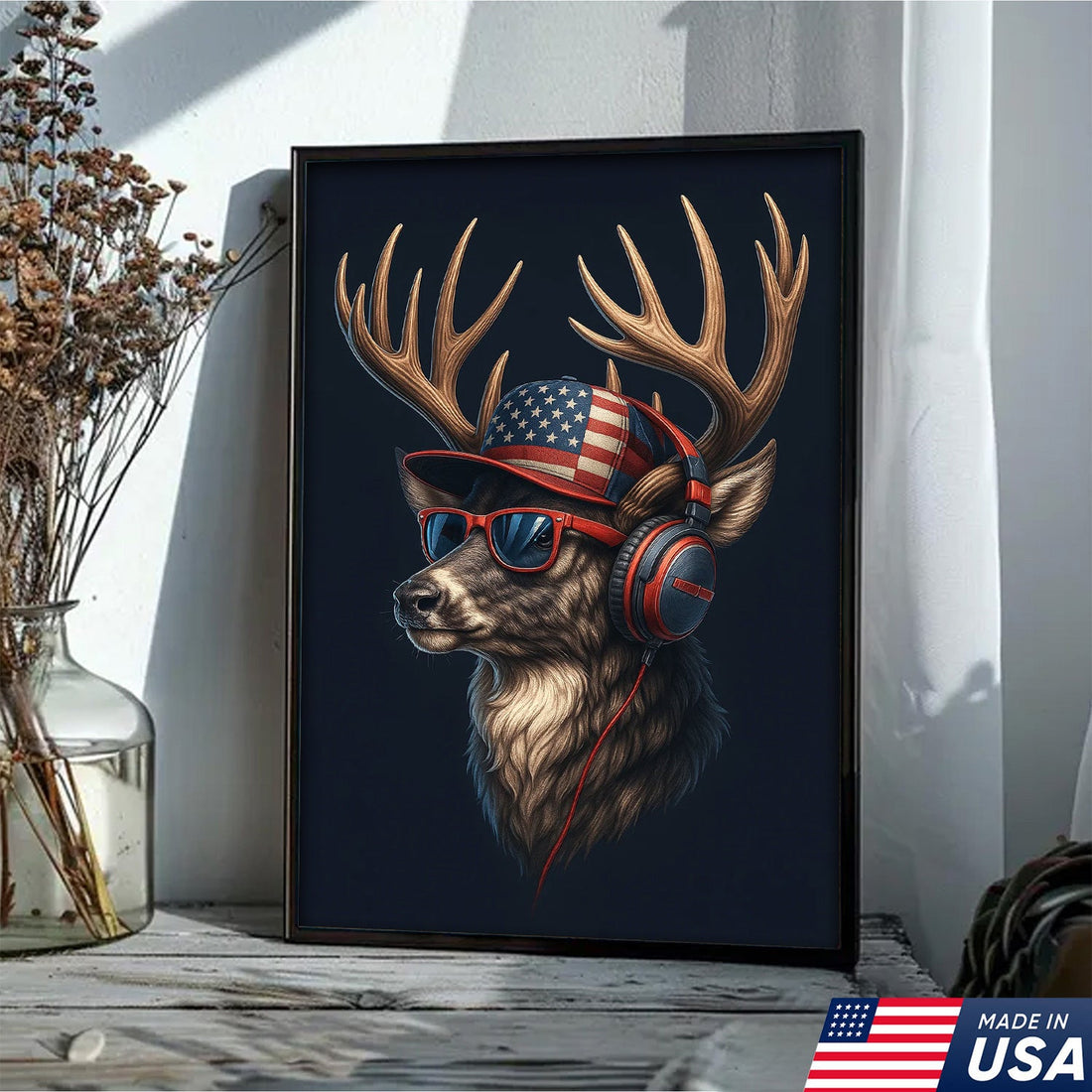 Patriotic Deer Wall Art Canvas – Cool Buck with American Flag Hat and Headphones – Rustic Hunting Lodge Decor USA