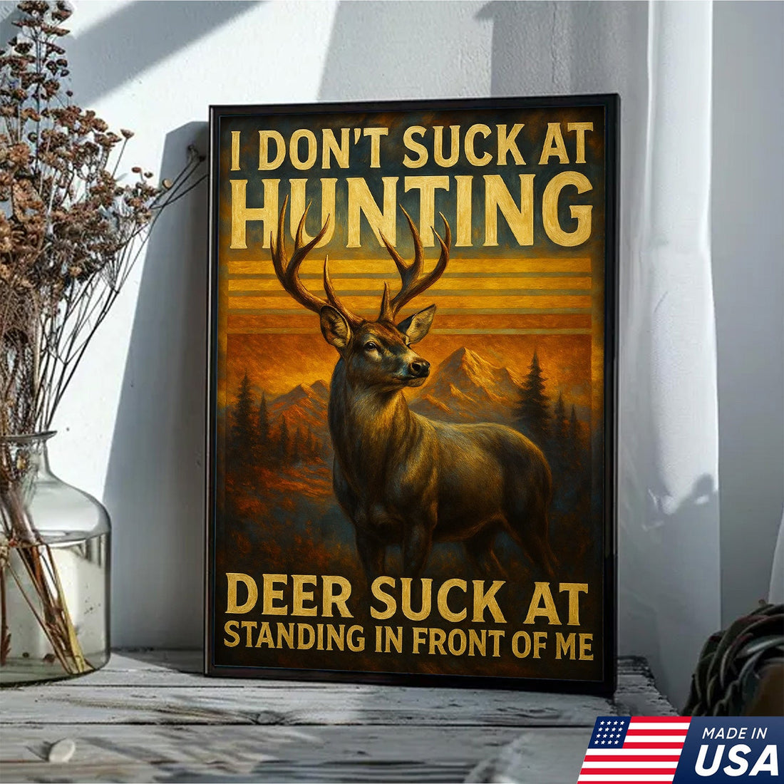 Funny Deer Hunting Canvas Wall Art – Rustic Lodge Decor – Unique Gift for Hunters and Outdoorsmen