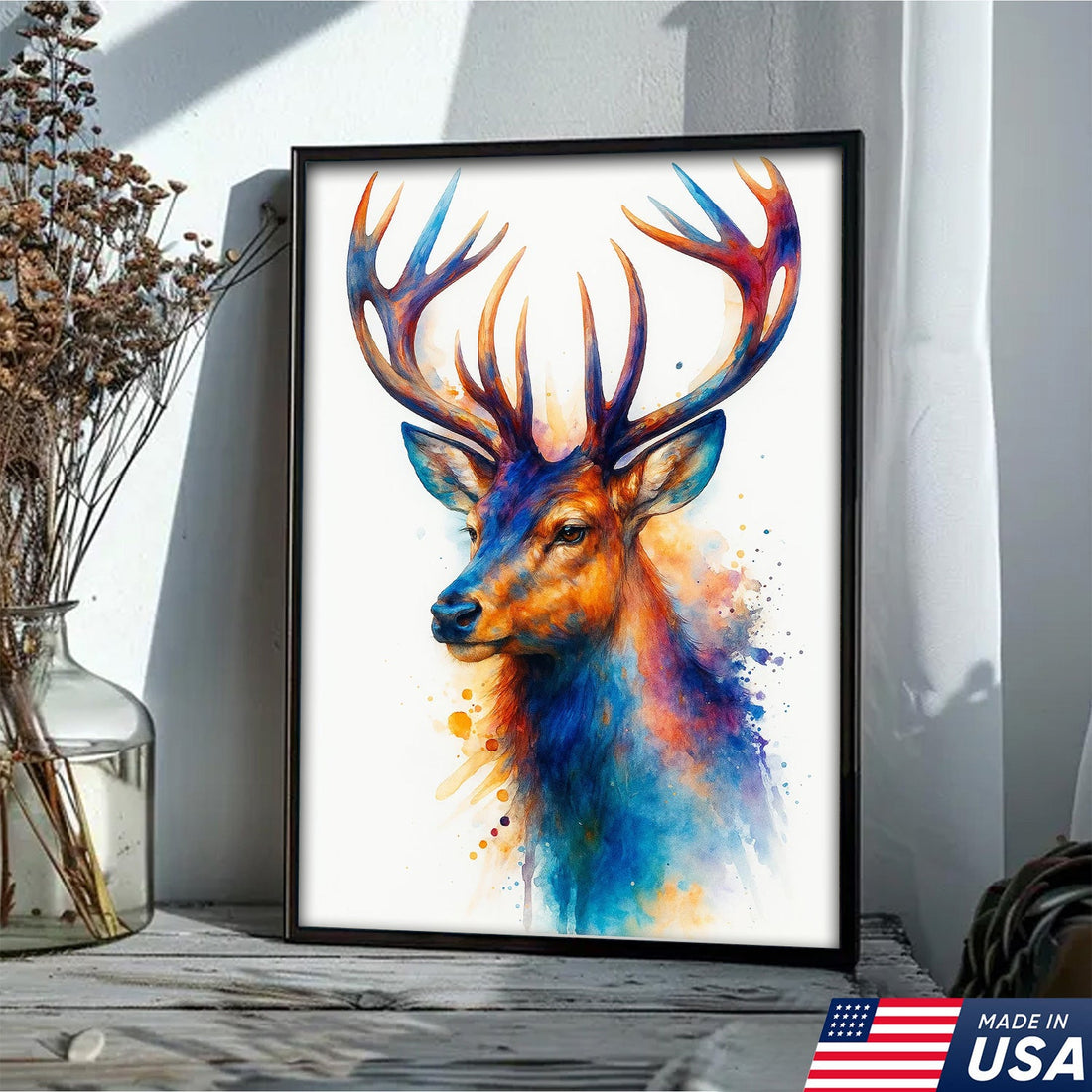 Colorful Deer Canvas Wall Art – Vibrant Watercolor Buck Painting on White Background – Modern Wildlife Artwork for Hunting Lodge & Rustic Cabin Decor
