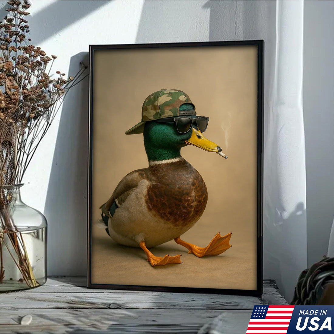 Cool Mallard Duck with Camo Hat Wall Art – Funny Hunting Canvas Print for Cabin, Lodge & Man Cave Decor