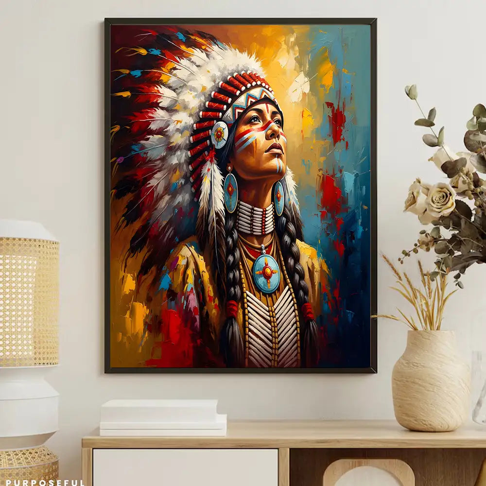 Native American Woman Chief Canvas Wall Art | Tribal Headdress Painting