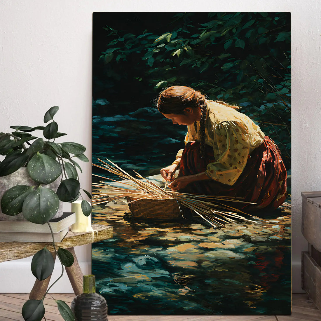 Indigenous Canvas Wall Art, Native America Woman Basket Weaving