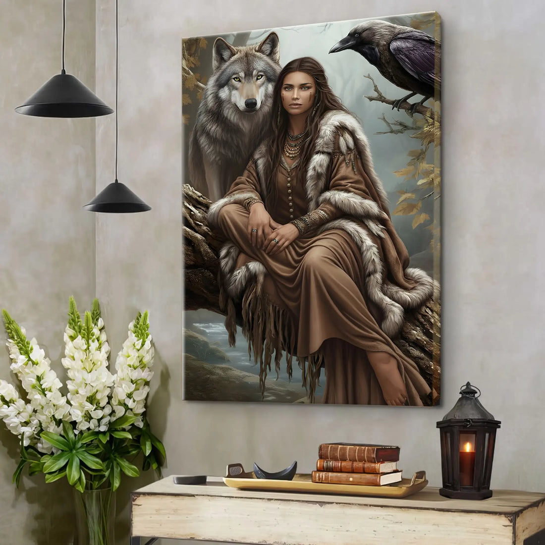 Native American Wall Art, Woman with Wolf and Raven, Spiritual Canvas Decor