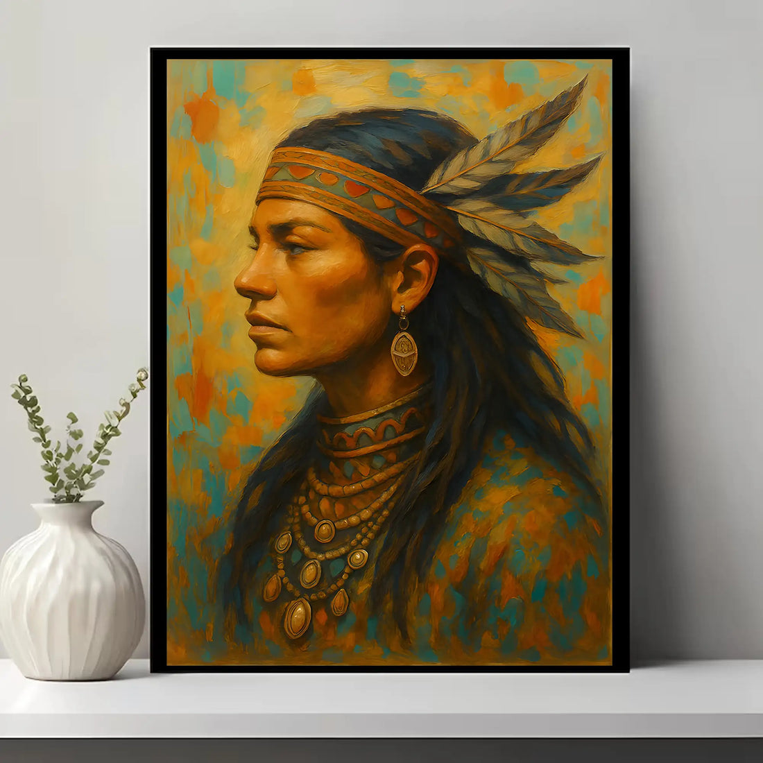 Native American Woman Wall Art, Feather Headdress Portrait Home Decor