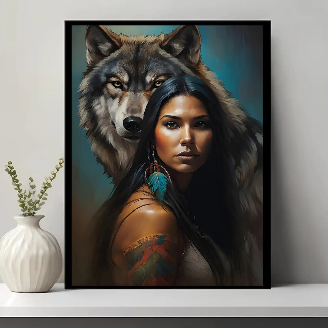 Woman with Wolf Spirit, Tribal Feather Canvas Decor