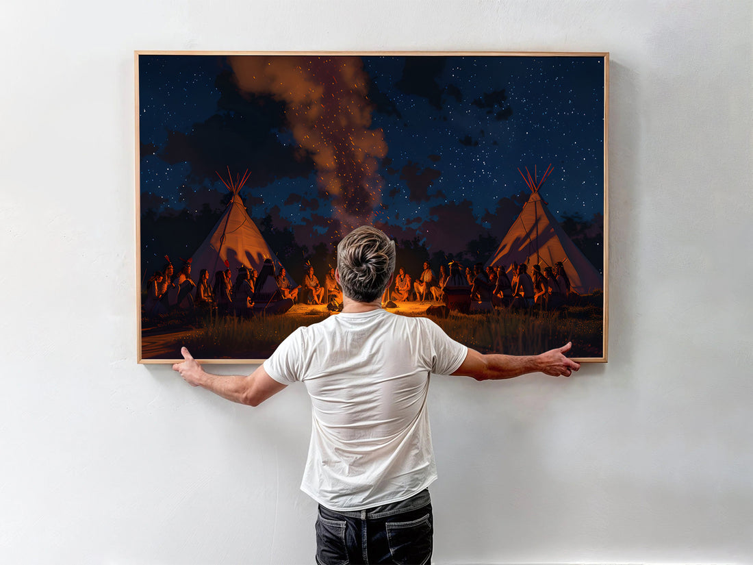 Native American Campfire Gathering Canvas Wall Art – Tribal Teepee Night Scene Decor