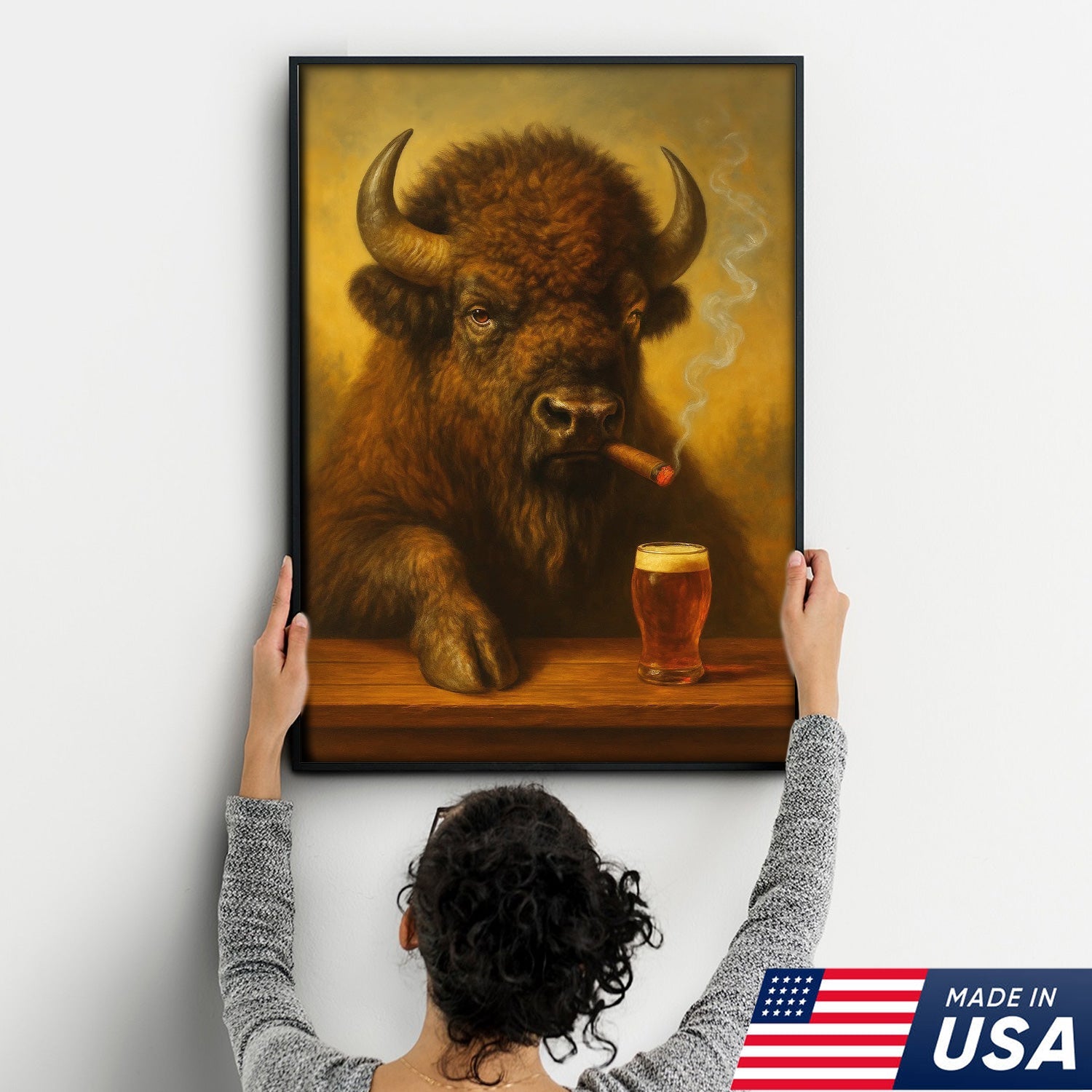 Funny Bison Smoking & Drinking Canvas Wall Art - Rustic Bar