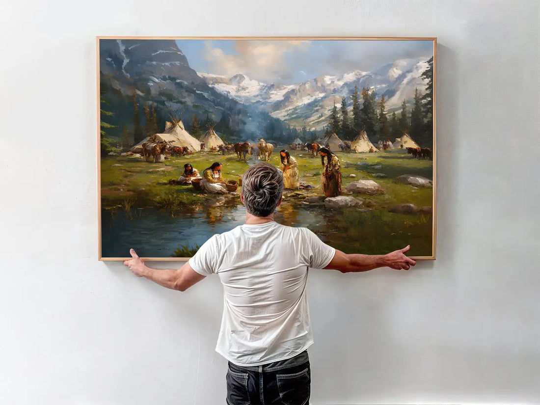 Native American Village Wall Art, Tribal Life Canvas Poster, Mountain Camp Scene