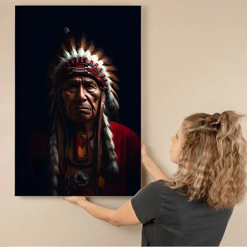 Great Chief Canvas Wall Art Tribal Headdress Native American Portrait Decor
