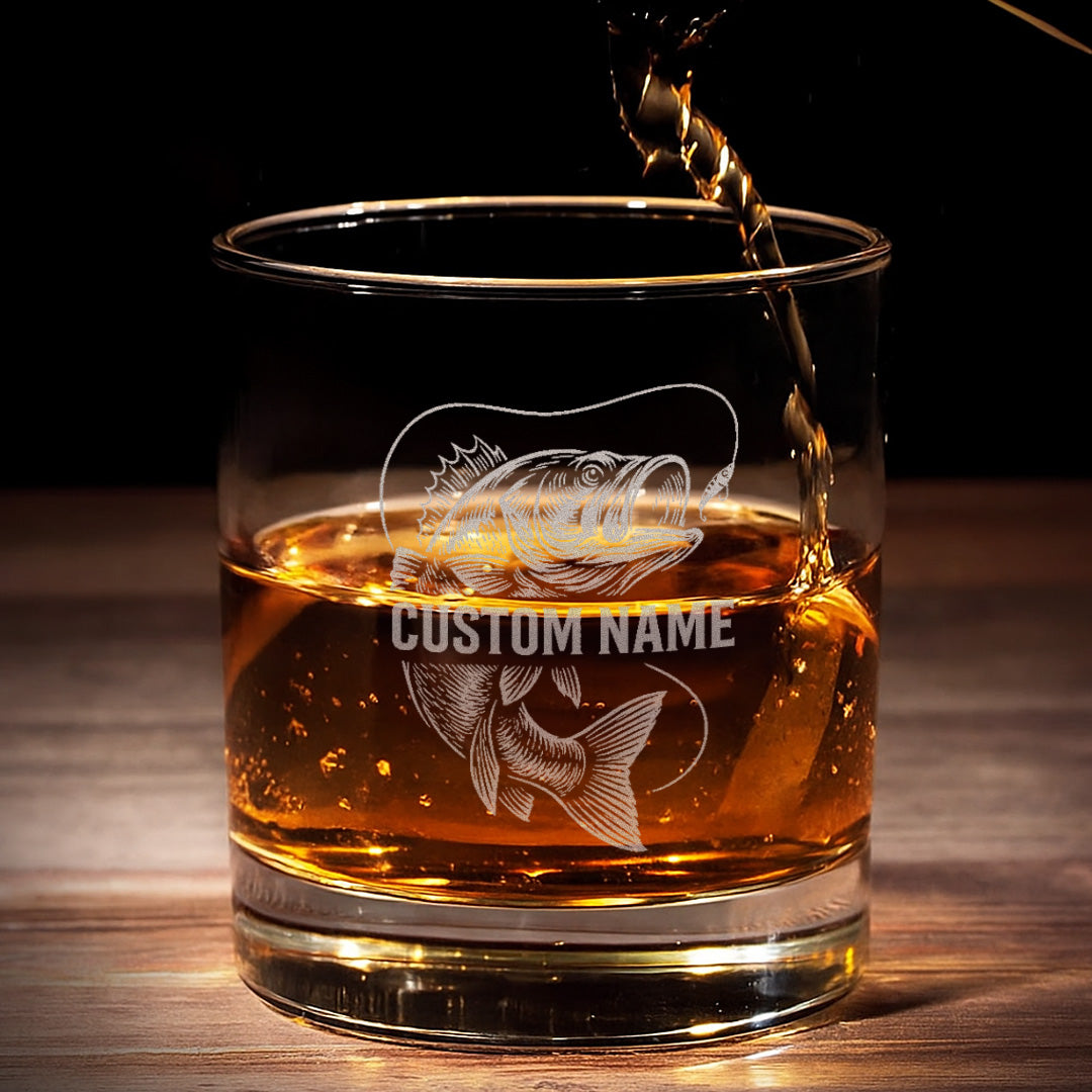Personalized Whiskey Glass – Bass Fish Engraved Custom Glass, For Fishing Lovers, Man Cave Decor