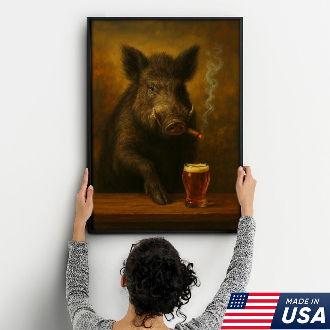 Funny Wild Boar Smoking with Cocktail Glasses Canvas – Rustic Hunting Lodge Wall Art