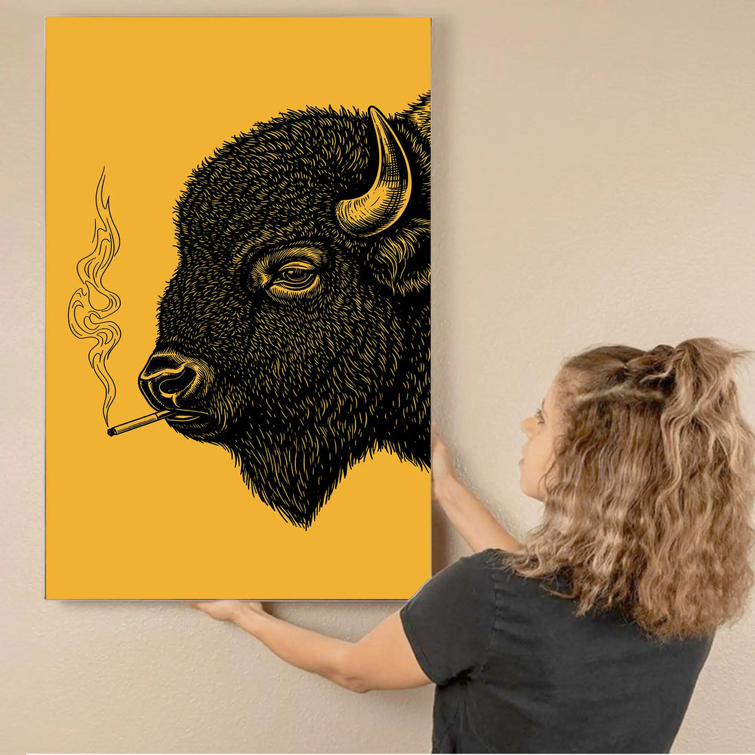 Smoking Bison Wall Art, Buffalo Canvas Poster, Rustic Western Decor