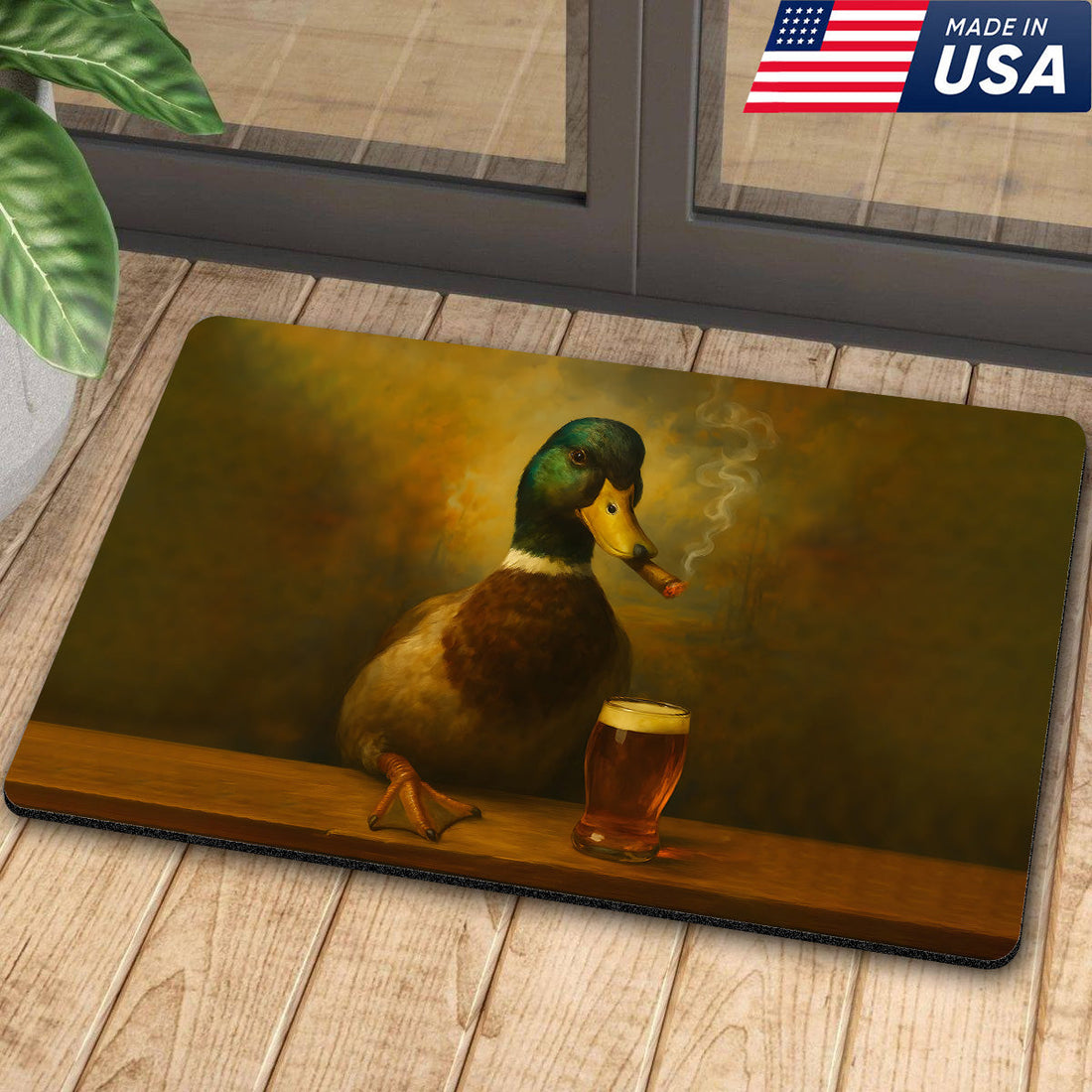 Funny Duck Barware Doormat – Hunting Lodge Rug with Drinking Glasses & Smoking-related Decor, Outdoor Cabin Decor Gift