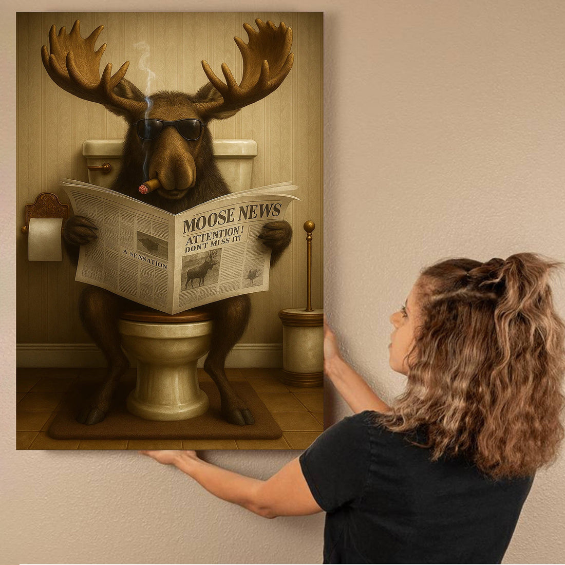 Funny Elk Hunting Lodge Moose Bathroom Canvas Wall Art – Wildlife Animal Poster - Unique Gift for Dad, Hunters & Outdoorsmen