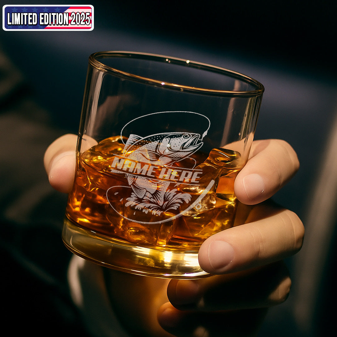 Custom Name Trout Fishing Whiskey Glass – Personalized Engraved Fly Fisherman Gift