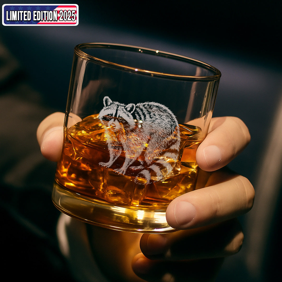 Wildlife Raccoon Engraved Whiskey Glass – Custom Rocks Glass Gift for Hunters & Wildlife Lovers